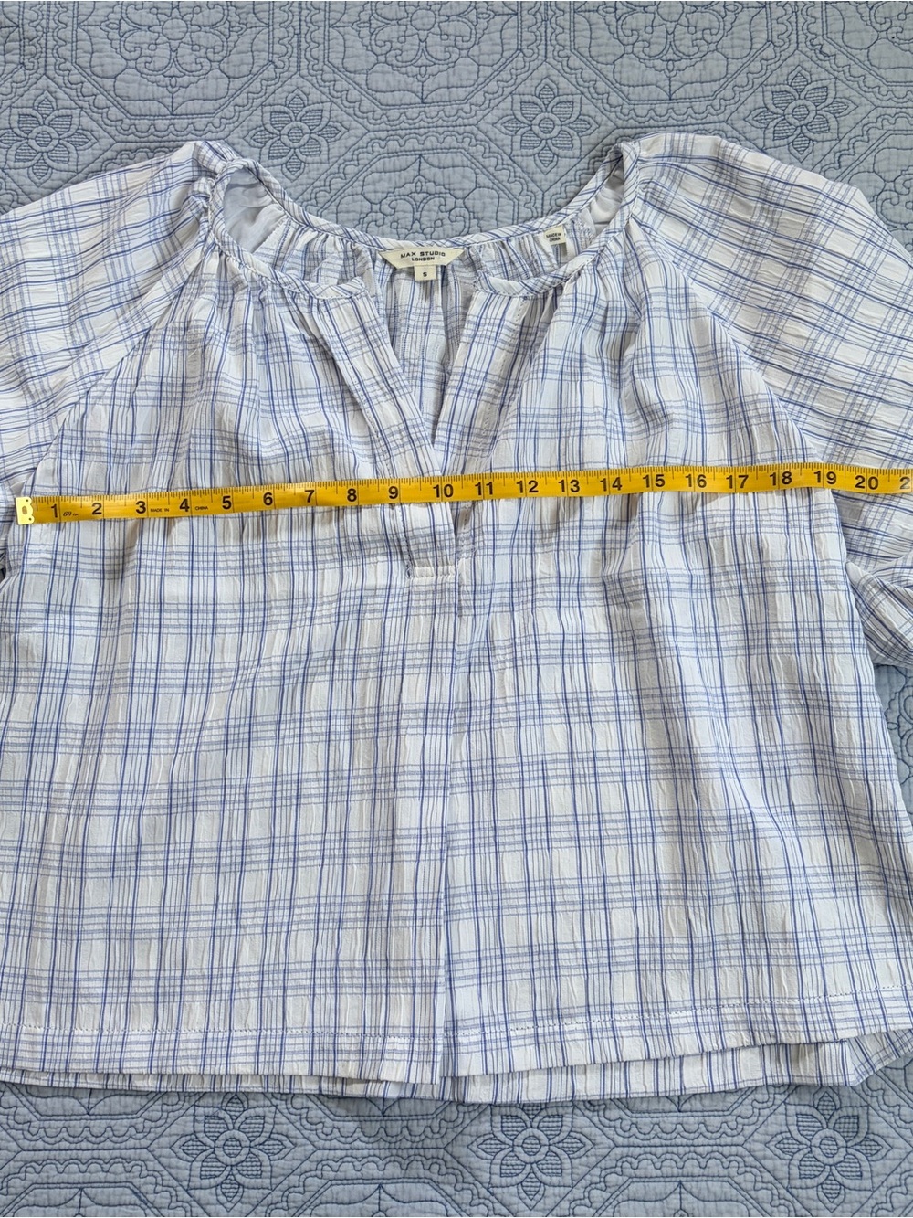 Max Studio Light Blue & White Plaid Puff-Sleeve Peasant Top - Picture 4 of 6